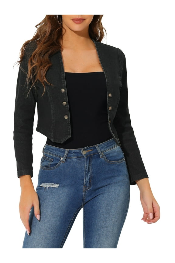 Denim Cropped Jacket for Women's Open Front Collarless Casual Bolero Shrug M Black