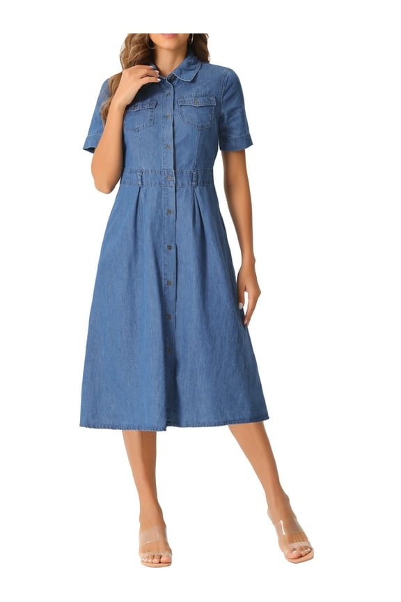 Women's Denim Dress Short Sleeves Turndown Collar A-Line Button Up Jean Midi Dresses L Blue