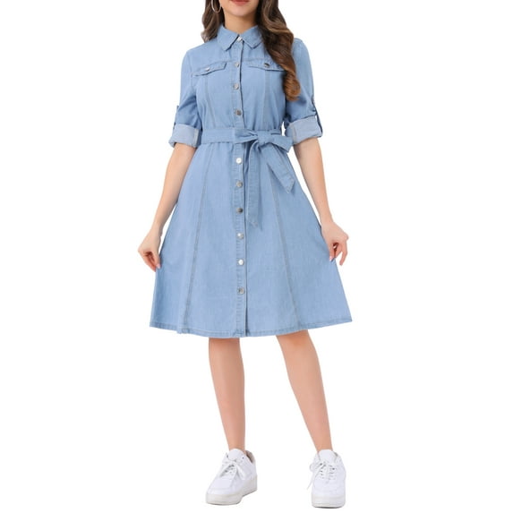INSPIRE CHIC Denim Dress for Women's Long Sleeve Button Down A-Line Belted Classic Jean Dresses L Sky Blue