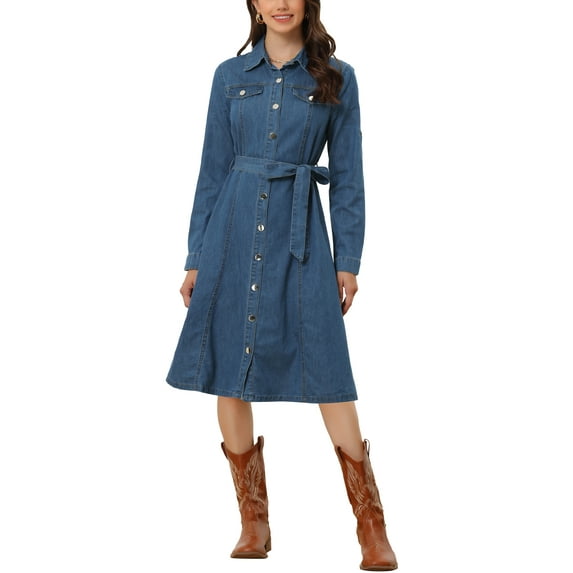 Allegra K Denim Dress for Women's Long Sleeve Button Down A-Line Belted Classic Jean Dresses M Blue