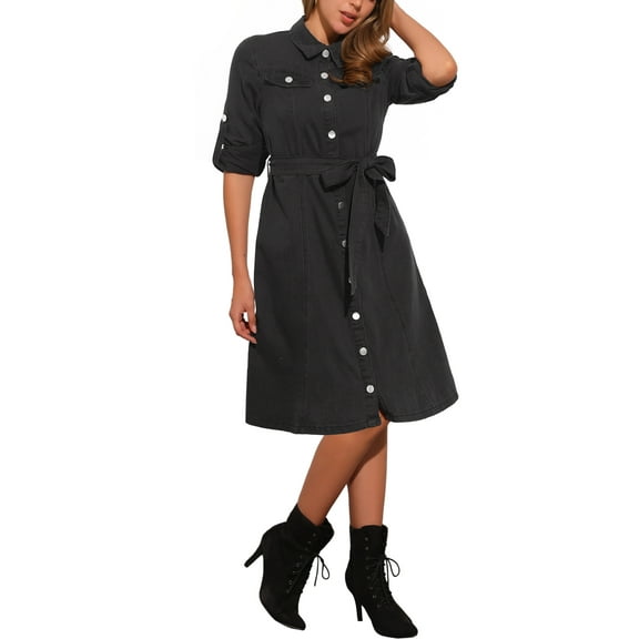 INSPIRE CHIC Denim Dress for Women's Long Sleeve Button Down A-Line Belted Classic Jean Dresses XL Black