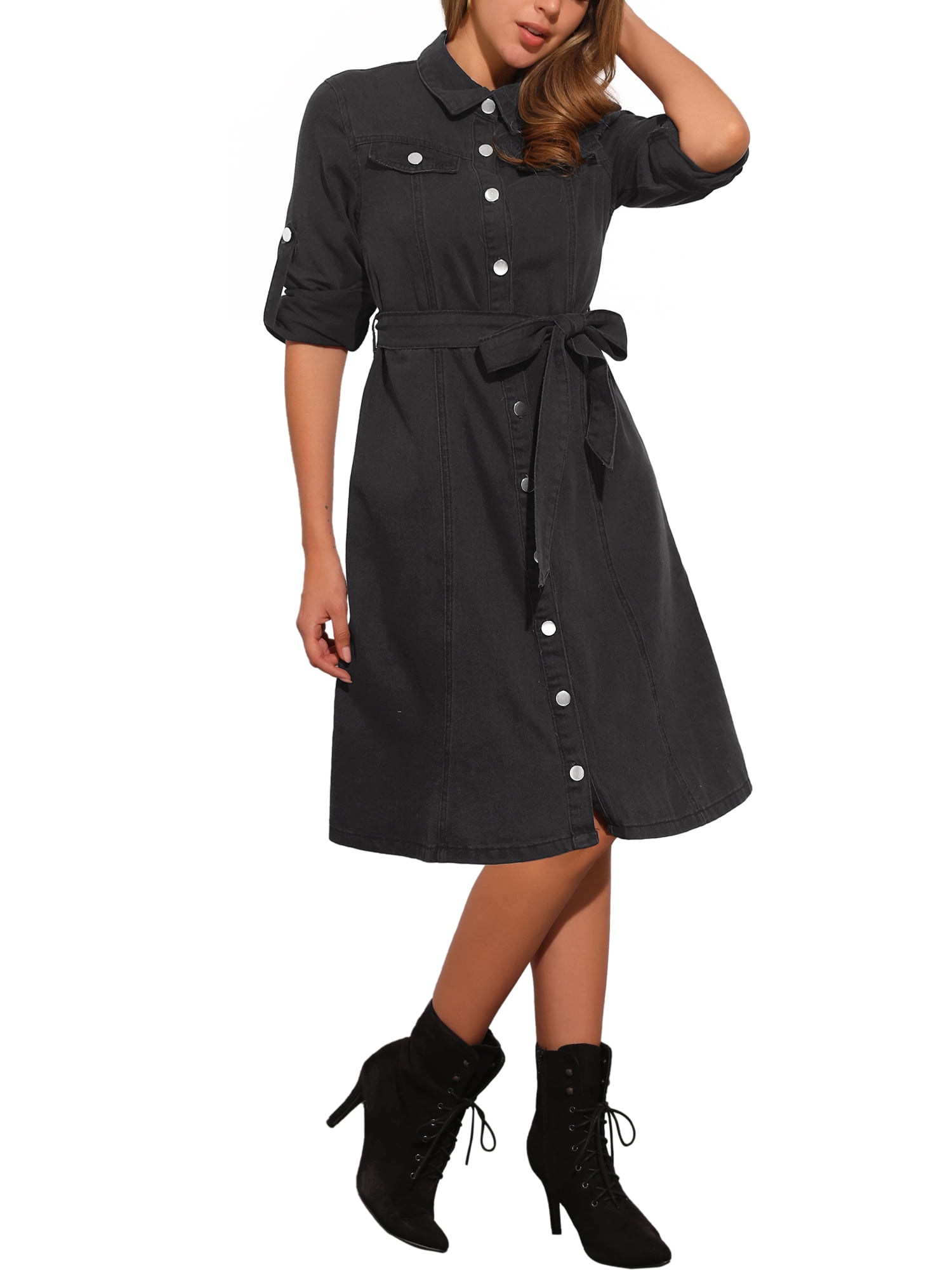 black denim a line dress Inspire Chic for Women's Long Sleeve Button Down A-Line Belted Classic Jean Dresses XS Black, Blue Loosely Fitted Fearne Cotton Wedding Dress Replica whitneywiley on LTK Size:Us Size 18W