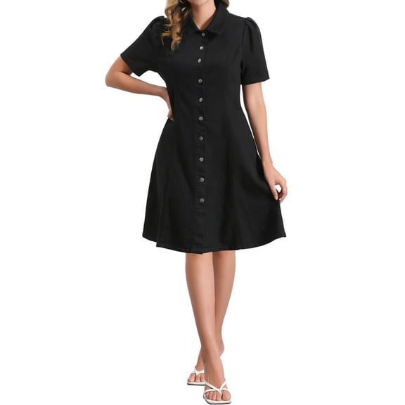 INSPIRE CHIC Women's Denim Dress Puff Short Sleeve Lapel Collar Button Down  Midi Dress L Black