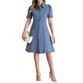 thumbnail image 1 of INSPIRE CHIC Women's Denim Dress Puff Short Sleeve Lapel Collar Button Down  Midi Dress XS Light Blue, 1 of 6