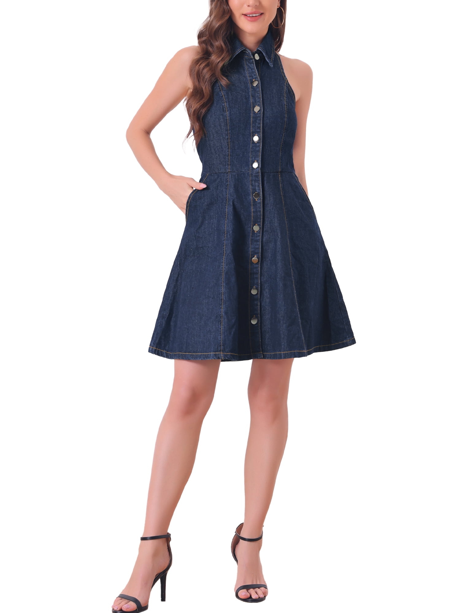 Inspire Chic Women's Denim Dresses Halter Neck Backless Button Down Shirt Dress Dark Blue XS Inspire Chic Women's Denim Dresses Halter Neck Backless Button Down Shirt Dress Dark Blue XS