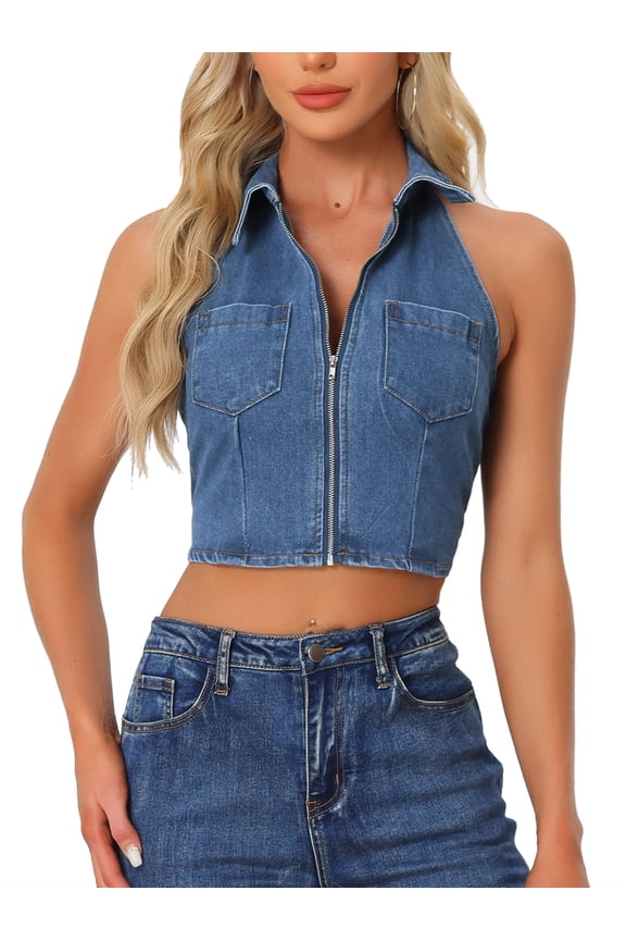 Style Women's Top Denim Halter Zipper Up Collared Sleeveless Jean Tank Tops S Blue