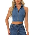 thumbnail image 1 of INSPIRE CHIC Women's Top Denim Halter Zipper Up Collared Sleeveless Jean Tank Tops XS Blue, 1 of 6