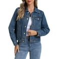 thumbnail image 1 of INSPIRE CHIC Denim Jacket for Women's Casual Collar Long Sleeve Button Down Jean Denim Jacket XS Dark Blue, 1 of 6