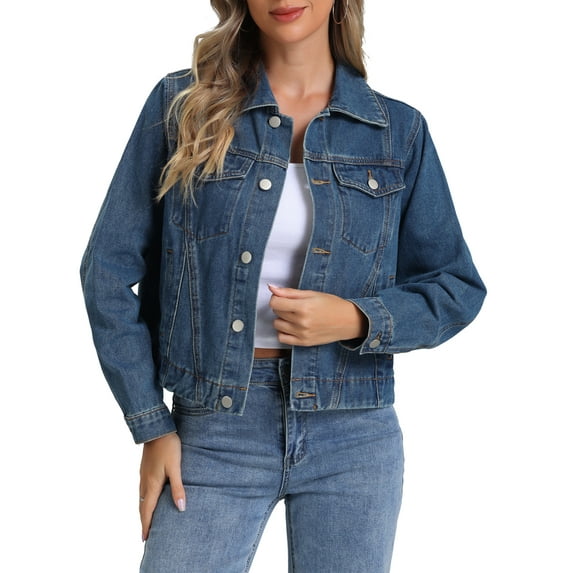INSPIRE CHIC Denim Jacket for Women's Casual Collar Long Sleeve Button Down Jean Denim Jacket XS Dark Blue