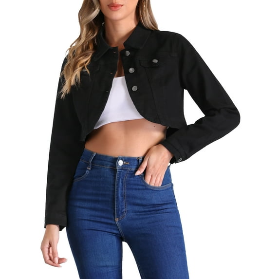 INSPIRE CHIC Casual Denim Jacket for Women's Collared Button Down Long Sleeve Crop Jean Jackets XL Black