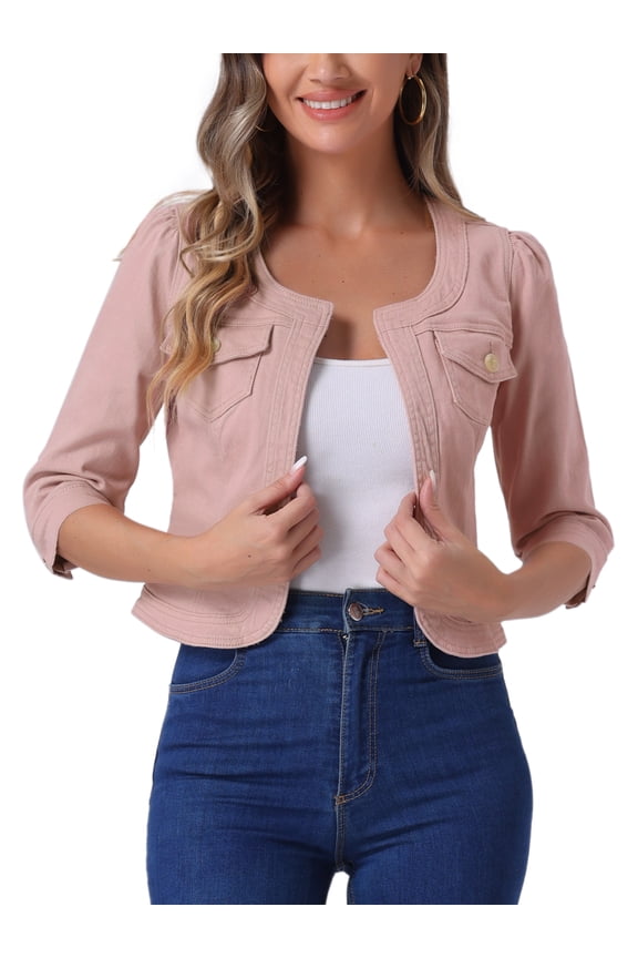 Women's 3/4 Sleeves Collarless Cropped Denim Jean Jackets Pink L