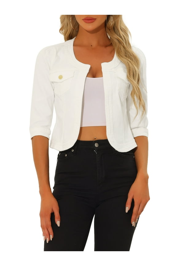 Women's Denim Jackets Collarless 3/4 Sleeves Crop Jean Cardigan Jackets Off White M