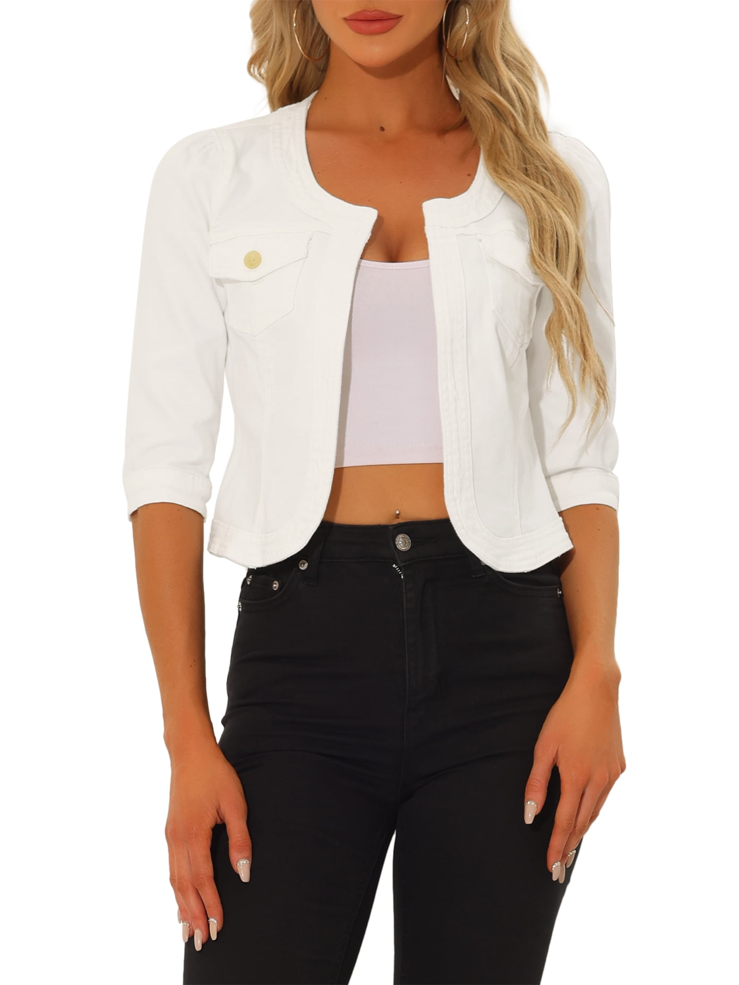 INSPIRE CHIC Women's Collarless Crop Denim Jacket, Off White, 3/4 ...