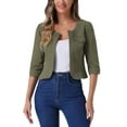 thumbnail image 1 of INSPIRE CHIC Women's Denim Jackets Collarless 3/4 Sleeves Crop Jean Cardigan Jackets XL Army Green, 1 of 6