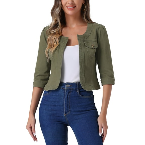 INSPIRE CHIC Women's Denim Jackets Collarless 3/4 Sleeves Crop Jean Cardigan Jackets XL Army Green