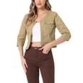 thumbnail image 1 of INSPIRE CHIC Women's Denim Jackets Collarless 3/4 Sleeves Crop Jean Cardigan Jackets XL Khaki, 1 of 6