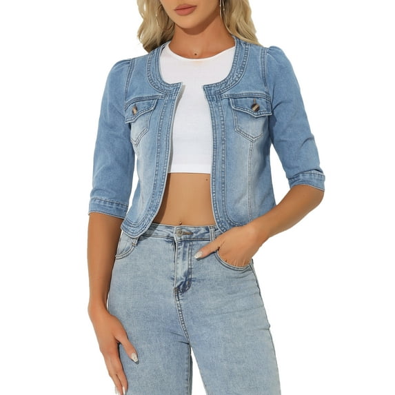 INSPIRE CHIC Women's Denim Jackets Collarless 3/4 Sleeves Crop Jean Cardigan Jackets XS Light Blue