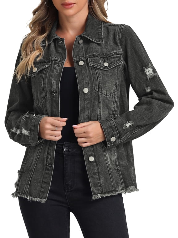 Denim Jacket for Women's Frayed Washed Button Down Jean Jacket with Pockets