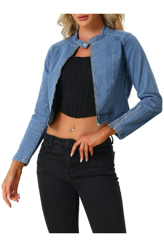 Denim Jacket for Women's Stand Collar Zip Up Motorcycle Biker Jean Jackets Blue M
