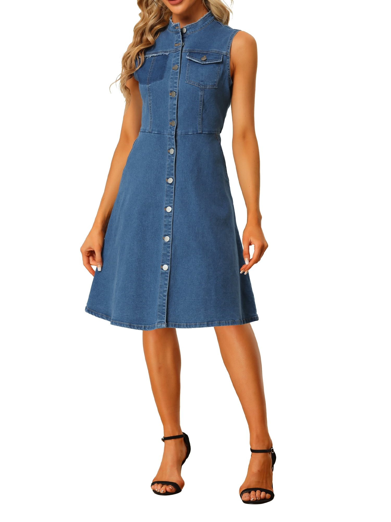 Blue Gathered Waist Sleeveless Denim Midi Dress