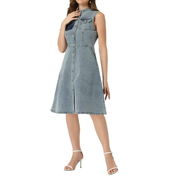 INSPIRE CHIC Denim Midi Dress for Women's Casual Sleeveless Distressed Jean Dress XL Dusty Blue