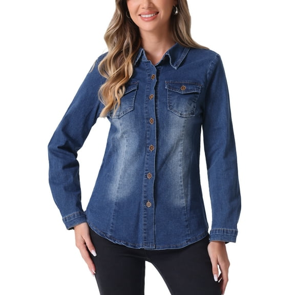 INSPIRE CHIC Denim Shirt Women Button Down Long Sleeve Pocket Trendy Denim Tops Jean Shirts