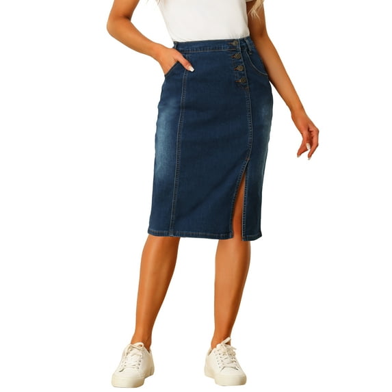 INSPIRE CHIC Denim Skirt for Women's Button Decor Side Slit Slash Pocket Midi Skirt
