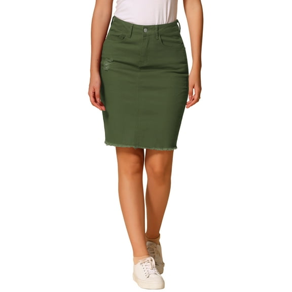 INSPIRE CHIC Denim Skirt for Women's Casual Distressed Knee Length Jeans Skirts L Olive Green