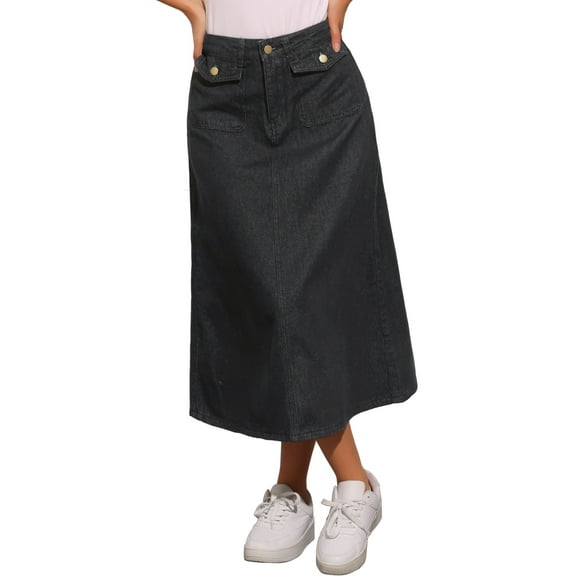 INSPIRE CHIC Women's Denim Skirts High Waist A Line Casual Jean Skirts with Pockets M Black