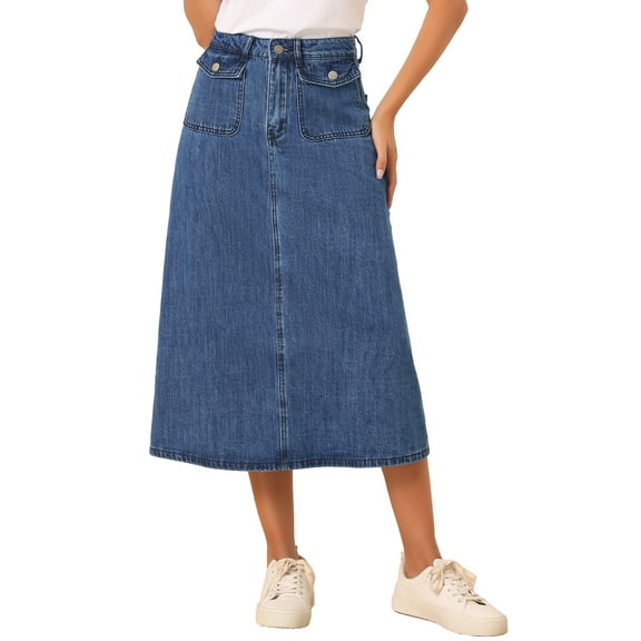 INSPIRE CHIC Women's Denim Skirts High Waist A Line Casual Jean Skirts with Pockets S Mid-Blue