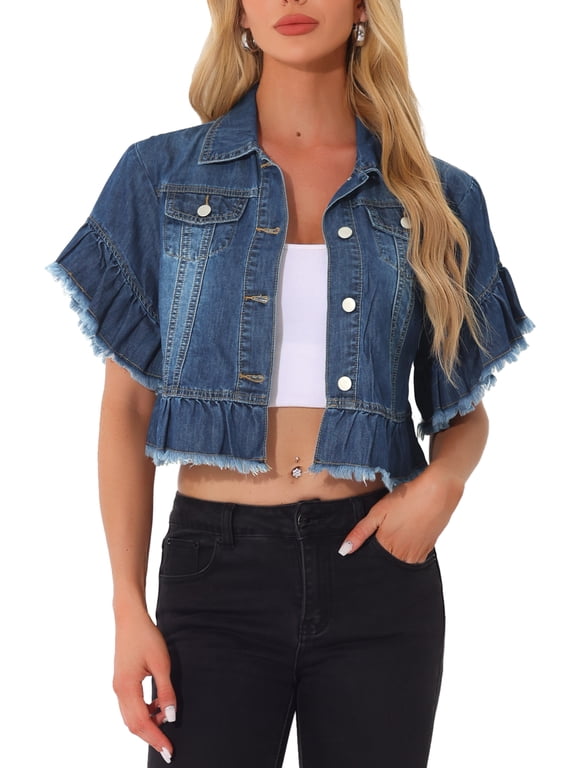 Denim Tops for Women's Ruffled Short Sleeve Lightweight Jean Peplum Hem Jean Shirt Dark Blue M