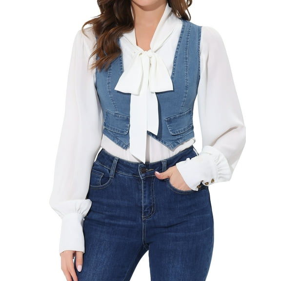 INSPIRE CHIC Women's Denim Button up Scoop Neck Sleeveless Coppped Vest Jacket Light Blue XS