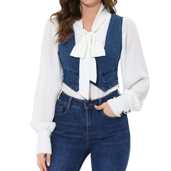 INSPIRE CHIC Women's Denim Button up Scoop Neck Sleeveless Coppped Vest Jacket Mid-Blue L
