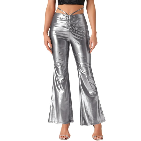 INSPIRE CHIC Disco Outfit for Women's Drawstring Metallic Wide Leg Pants