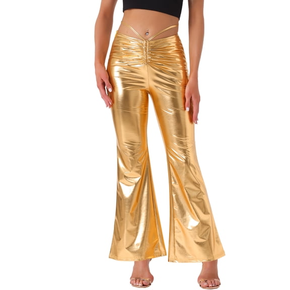 INSPIRE CHIC Disco Outfit for Women's Shiny Metallic Wide Leg Pants with Drawstring XL Gold