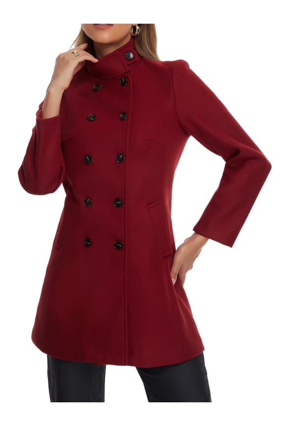 Winter Trench Coats for Women's Casual Stand Collar Pea Double Breasted Overcoat S Burgundy