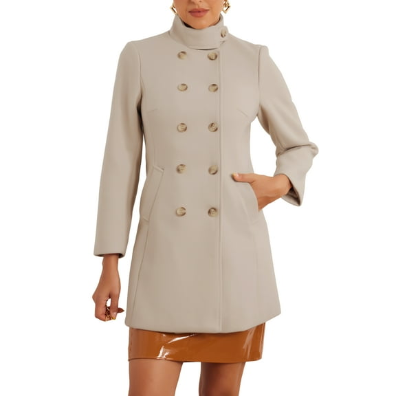INSPIRE CHIC Winter Trench Coats for Women's Casual Stand Collar Pea Double Breasted Overcoat XS Beige