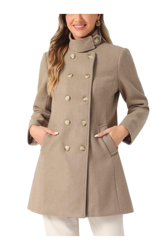 Women's Double Breasted Stand Collar Long Sleeve Midi Pea Coat Brown S