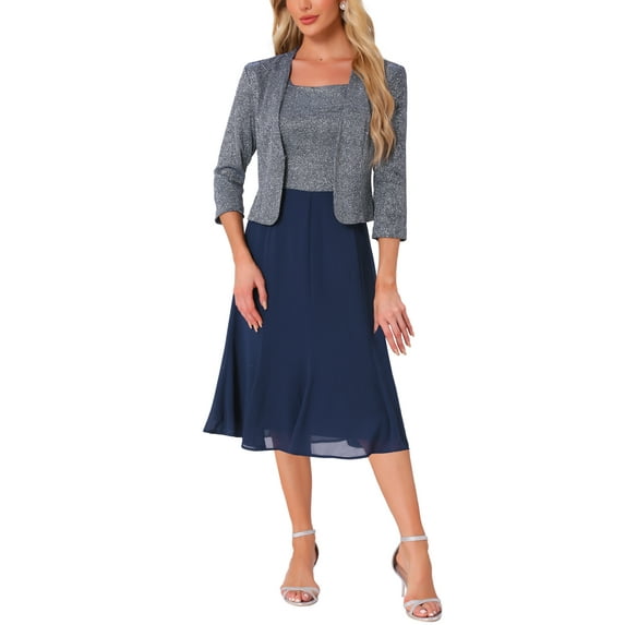 INSPIRE CHIC Dress Suit Sets for Women's 2pcs Contrast A-Line Flowy Dresses Sequin Jacket