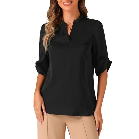 INSPIRE CHIC Dressy Casual 3/4 Sleeve Tops for Women V Neck Shirt Work Blouses M Black