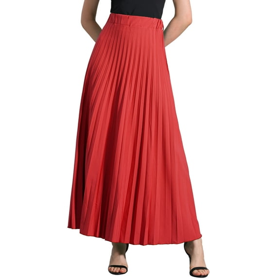 INSPIRE CHIC Elastic High Waist Flowy Pleated Skirt for Women's with Belt Swing A-line Work Maxi Skirt L Red