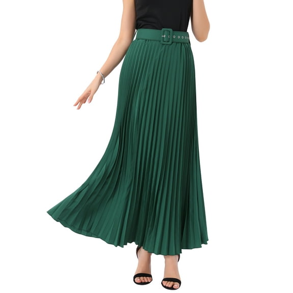 INSPIRE CHIC Elastic High Waist Flowy Pleated Skirt for Women's with Belt Swing A-line Work Maxi Skirt M Dark Green