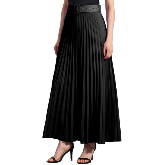 INSPIRE CHIC Women's Pleated Skirt Elastic High Waist Belted Flowy A-Line Maxi Skirt S Black