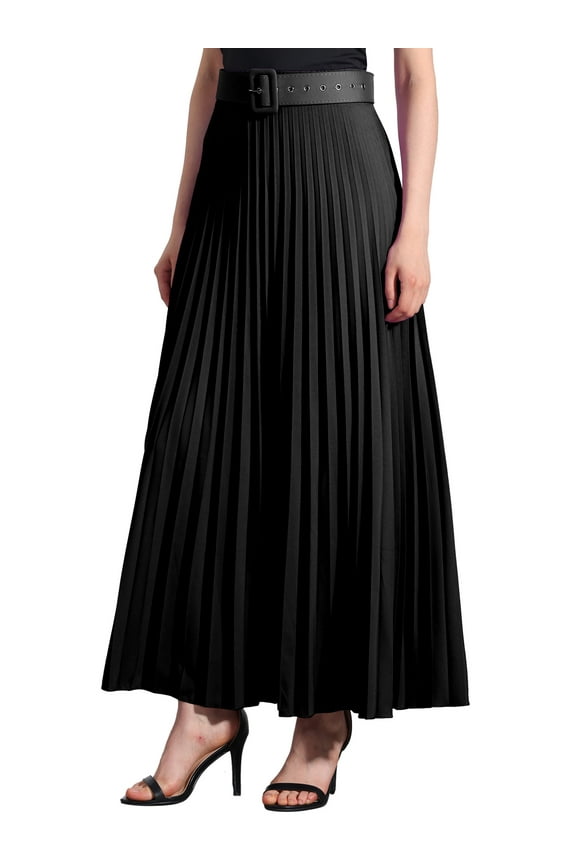 Women's Pleated Skirt Elastic High Waist Belted Flowy A-Line Maxi Skirt L Black
