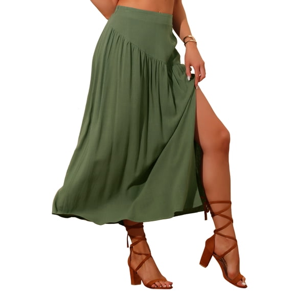 INSPIRE CHIC Elastic Waist a Line Skirt for Women Side Zipper Swing Casual Boho Midi Skirt Army Green XS