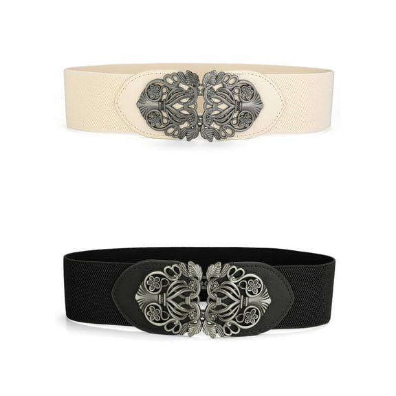 INSPIRE CHIC Elastic Wide Waist Belts for Women Metal Buckle Stretchy Belts Black & Beige