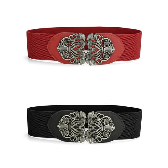 INSPIRE CHIC Elastic Wide Waist Belts for Women Metal Buckle Stretchy Belts Black & Red