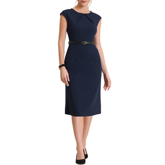 INSPIRE CHIC Women's Elegant Dress Cap Sleeve Belted Wear-to-Work Sheath Dresses L Dark Blue