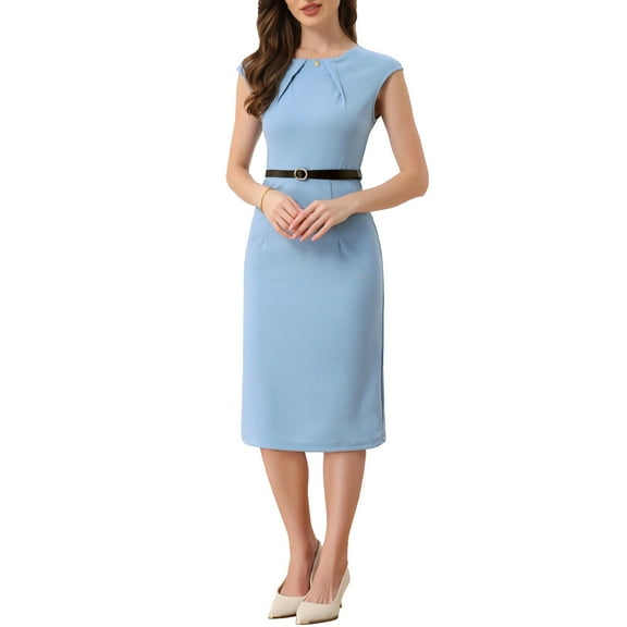 INSPIRE CHIC Women's Elegant Dress Cap Sleeve Belted Wear-to-Work Sheath Dresses L Light Blue