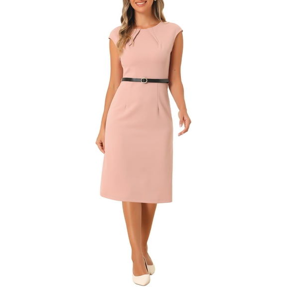 INSPIRE CHIC Women's Elegant Dress Cap Sleeve Belted Wear-to-Work Sheath Dresses L Pink